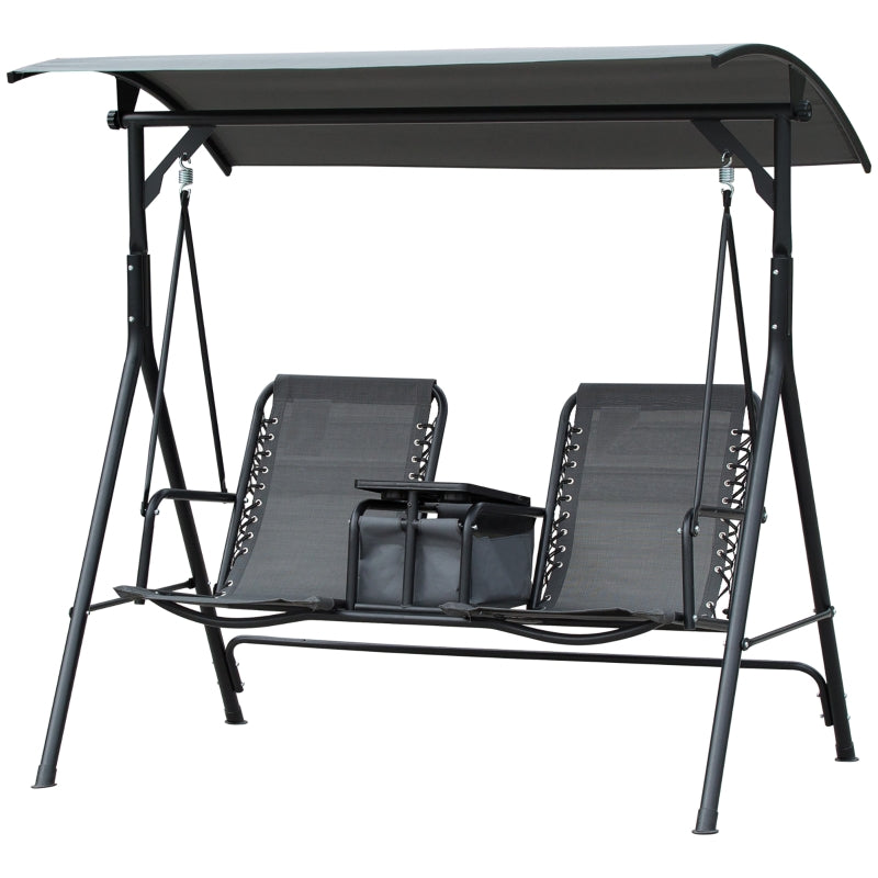 Grey 2-Seat Swing Chair with Adjustable Canopy and Middle Table