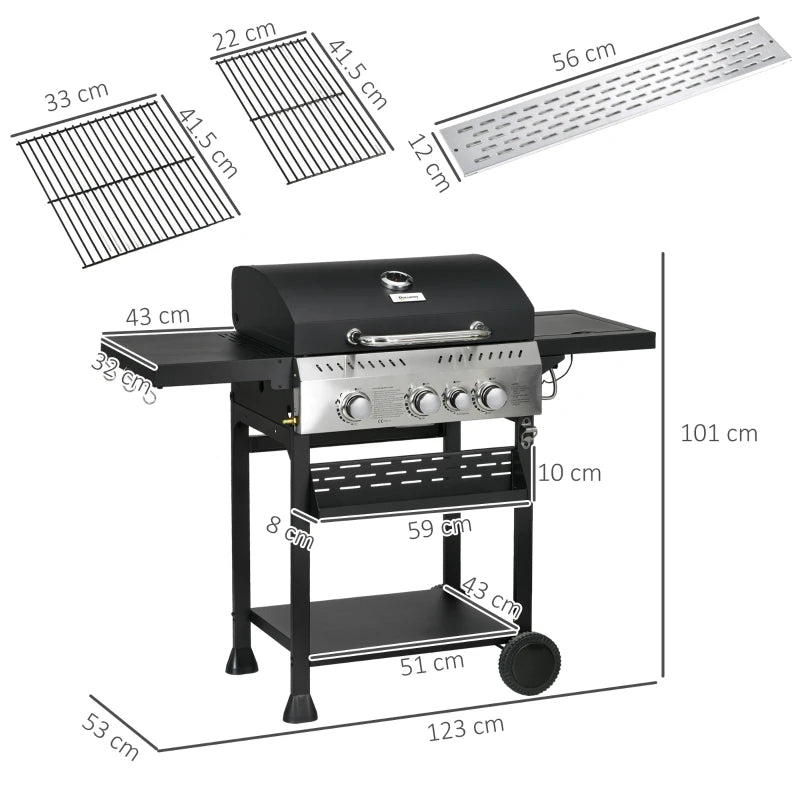 Black 4-Burner Steel Gas Grill with Thermometer