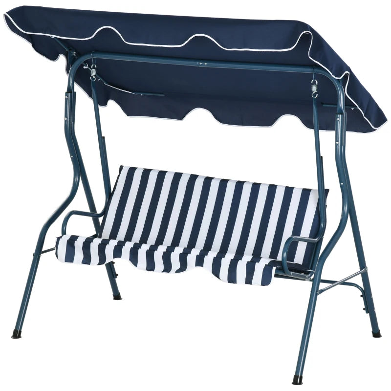 Blue Striped 3-Seater Outdoor Swing Bench with Adjustable Canopy