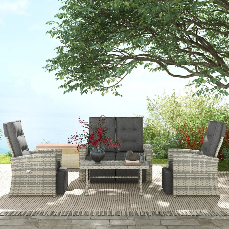 4-Piece Light Grey Rattan Outdoor Sofa Set with Glass Top Table