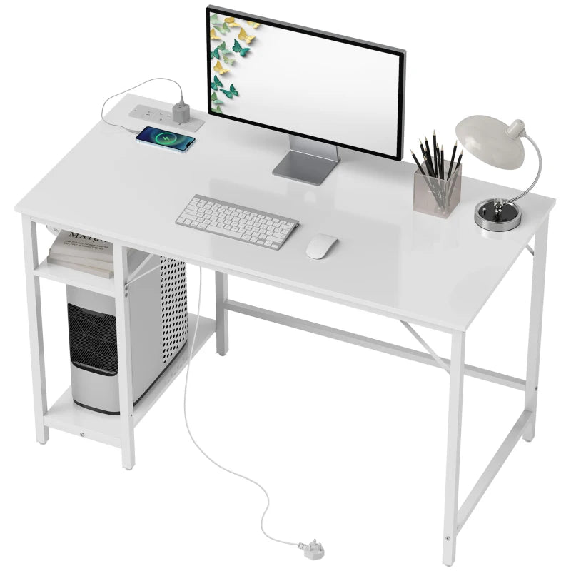 Modern White Computer Desk with Power Sockets - Stylish Home Office Furniture for Productivity and Convenience