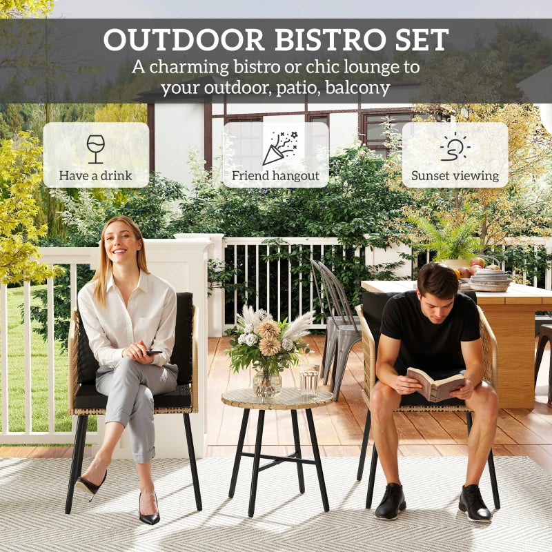 3 Piece Rattan Bistro Set with 2 Chairs, Glass Table, Cushions, Adjustable Feet, Wood Finish