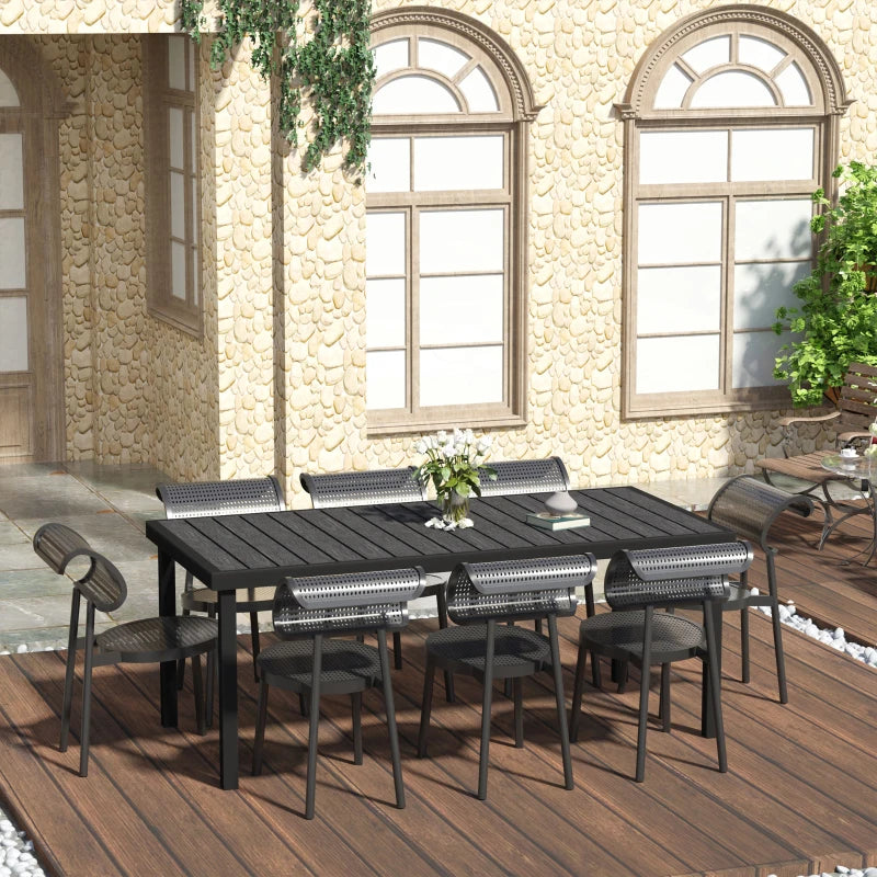 Black Aluminium Outdoor Dining Table for 8, Faux Wood Top, 190x90x74cm