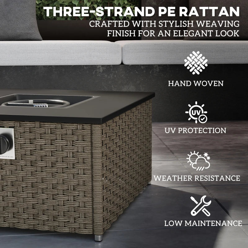 Rattan Gas Fire Pit Table - 13KW Smokeless Propane Heater, Square Outdoor Coffee Table with Lid, 58x58x33cm, Grey