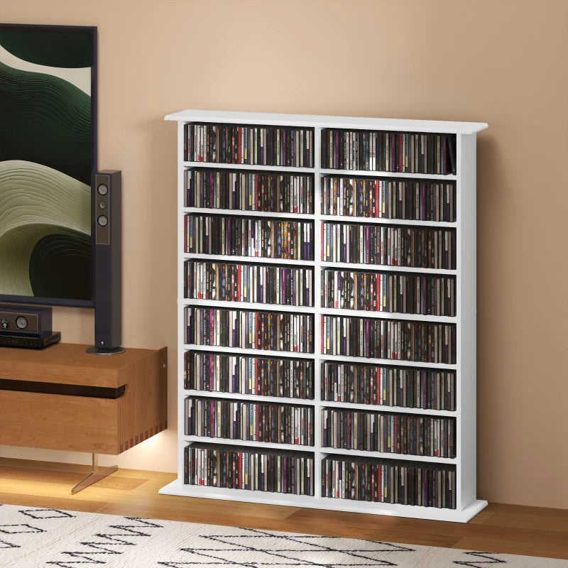 16-Compartment White Media Shelf - Stylish Storage Solution for DVDs, Games, and Books - Organize Your Space