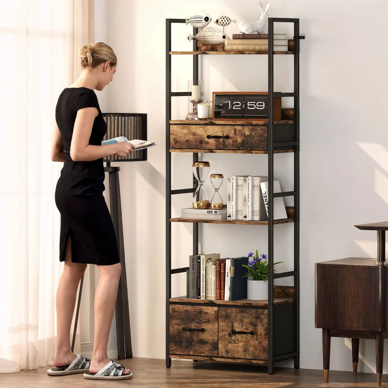 Industrial Style Bookcase with 4 Shelves & 3 Fabric Drawers - Brown & Black Storage Solution for Home or Office