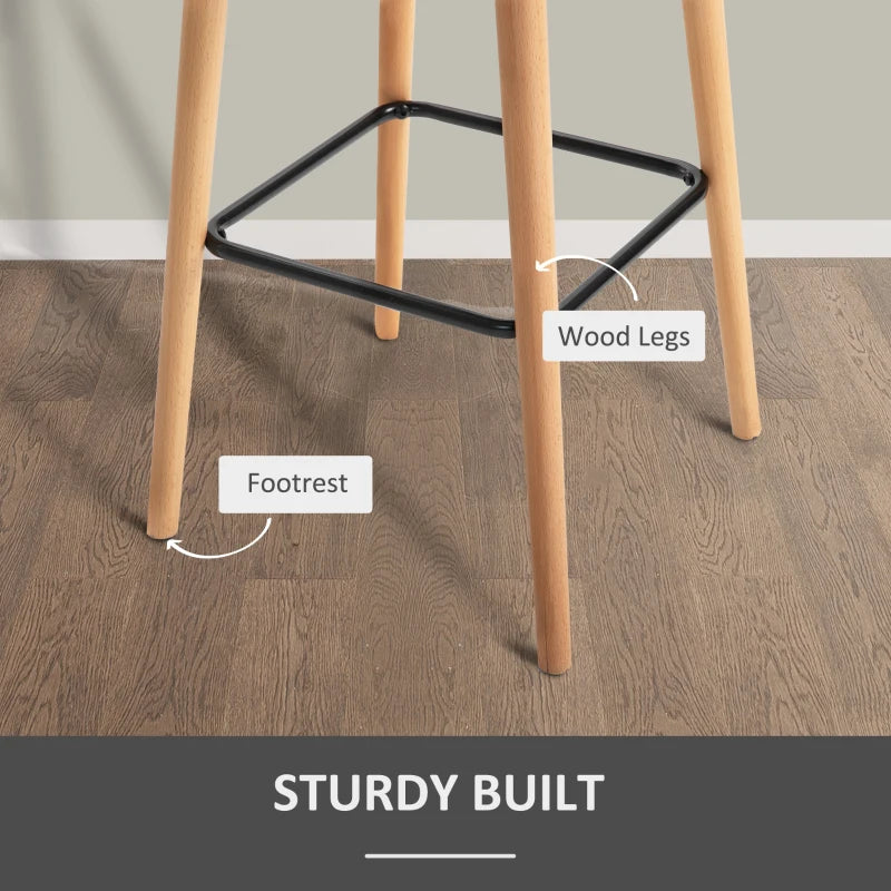 Set of 2 Modern Upholstered Bar Stools with Metal Frame & Solid Wood Legs - Grey Fabric Dining Chairs