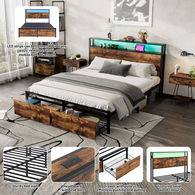 Metal Double Bed with LED Light Strip, 4 Drawers & 3 USB Ports - Black & Dark Walnut, 207.5x135x105 cm