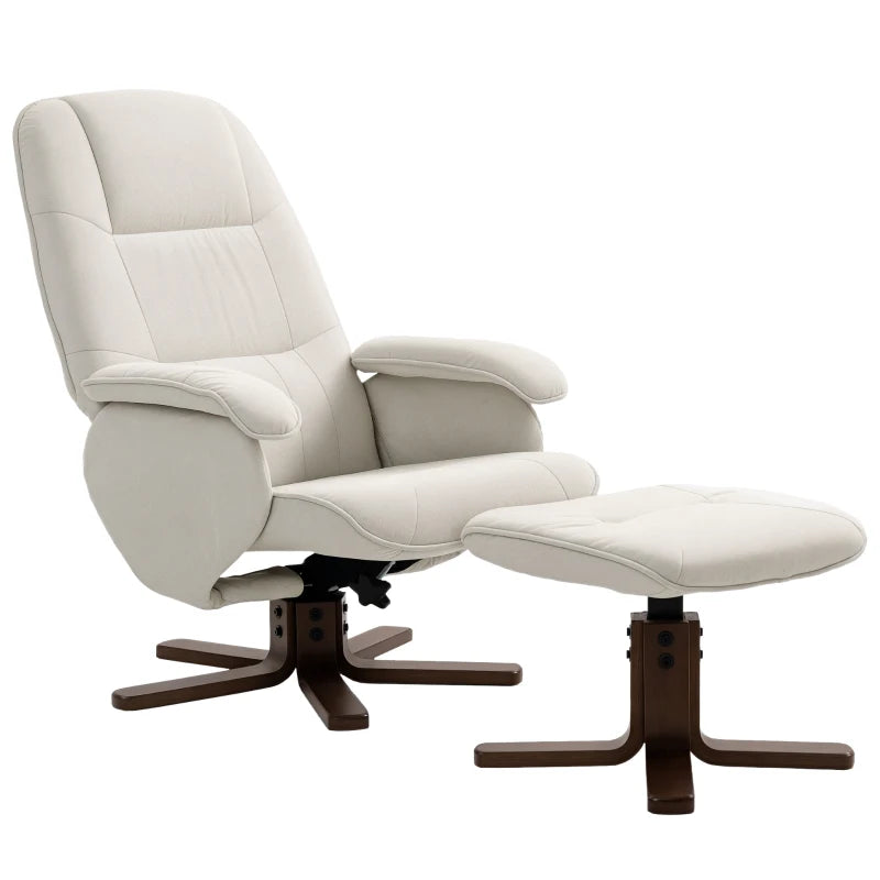 Linen Swivel Recliner Chair with Footstool Upholstered Reclining Armchair with Wooden Base for Living Room Beige