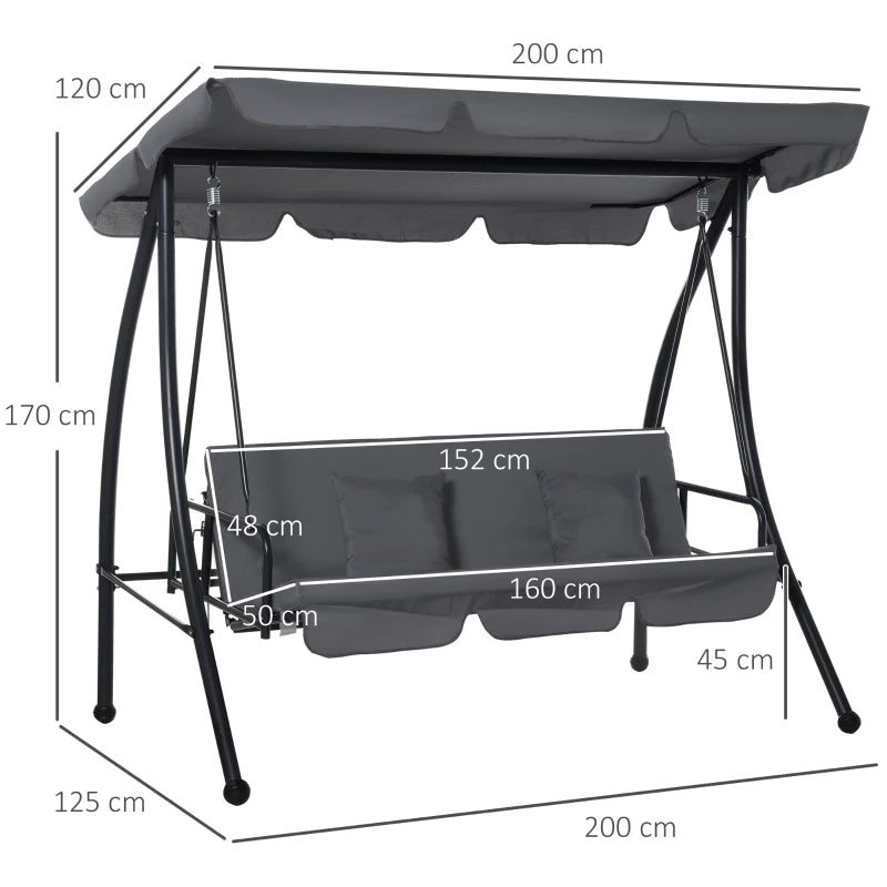 Dark Grey 3-Seater Outdoor Patio Swing Bed with Canopy & Cushion