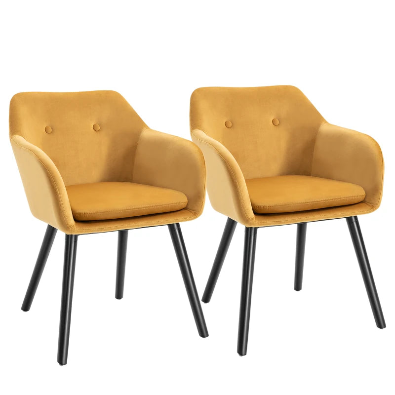 Modern Velvet-Touch Dining Chairs Set of 2 - Upholstered Leisure Chairs with Backrest & Armrests for Home Office & Kitchen - Yellow