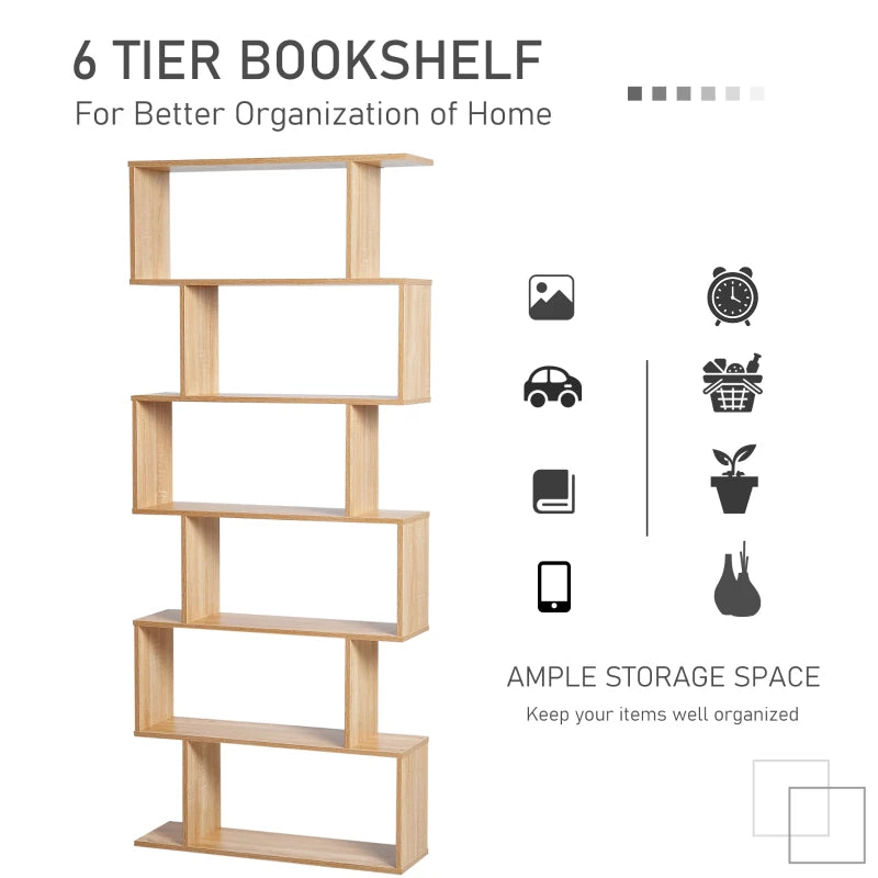 6-Tier S-Shaped Bookcase - Stylish Oak Storage Unit & Display Shelf for Living Room, Bedroom, Home Office, Plants
