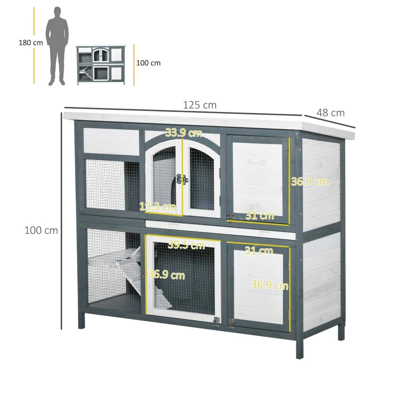 Premium 2-Tier Outdoor Rabbit & Guinea Pig Hutch - Wooden Cage with Ramp, Divider & Openable Roof - 125x48x100cm Grey