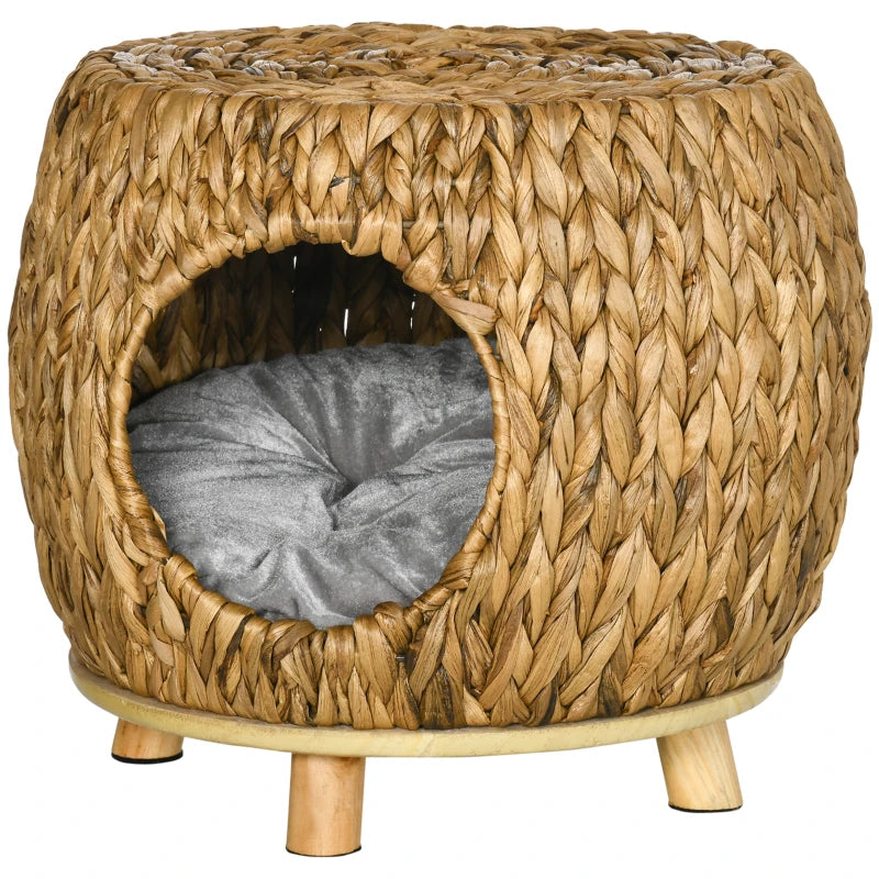 Wicker Cat Bed House Stool with Washable Cushion 44x43x41cm for Stylish Pet Comfort