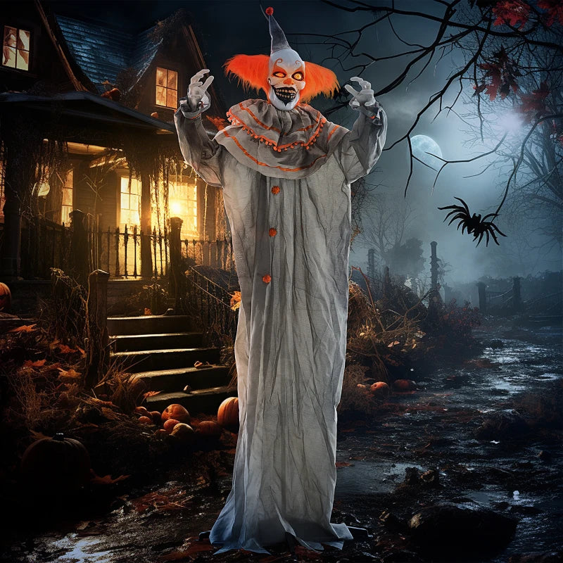 6 Foot Orange Clown Halloween Animatronic with Glowing Eyes for Spooky Decorations