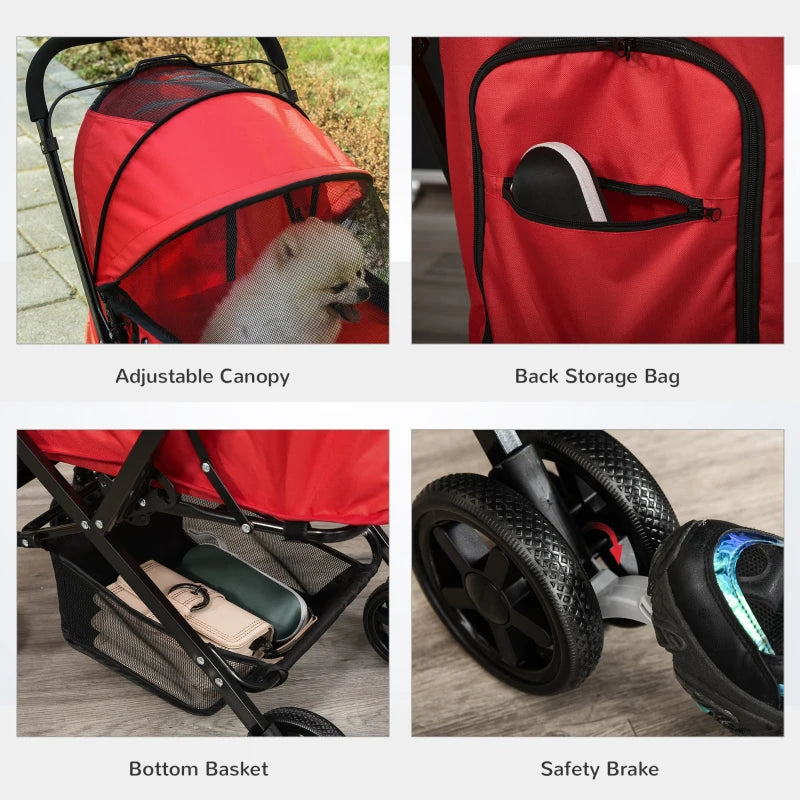 Foldable Pet Stroller for Dogs & Cats - Travel Pushchair with Reversible Handle, Brake & Storage Basket