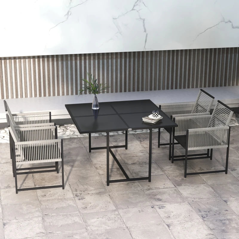 5-Piece Light Grey Metal Dining Set with Folding Back Chairs - Outdoor Patio Furniture