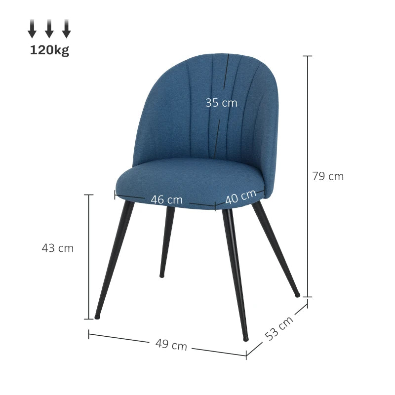 Modern Blue Dining Chairs Set of 2 - Upholstered Kitchen Chairs with Metal Legs, Shell Backrest & Padded Seat for Home