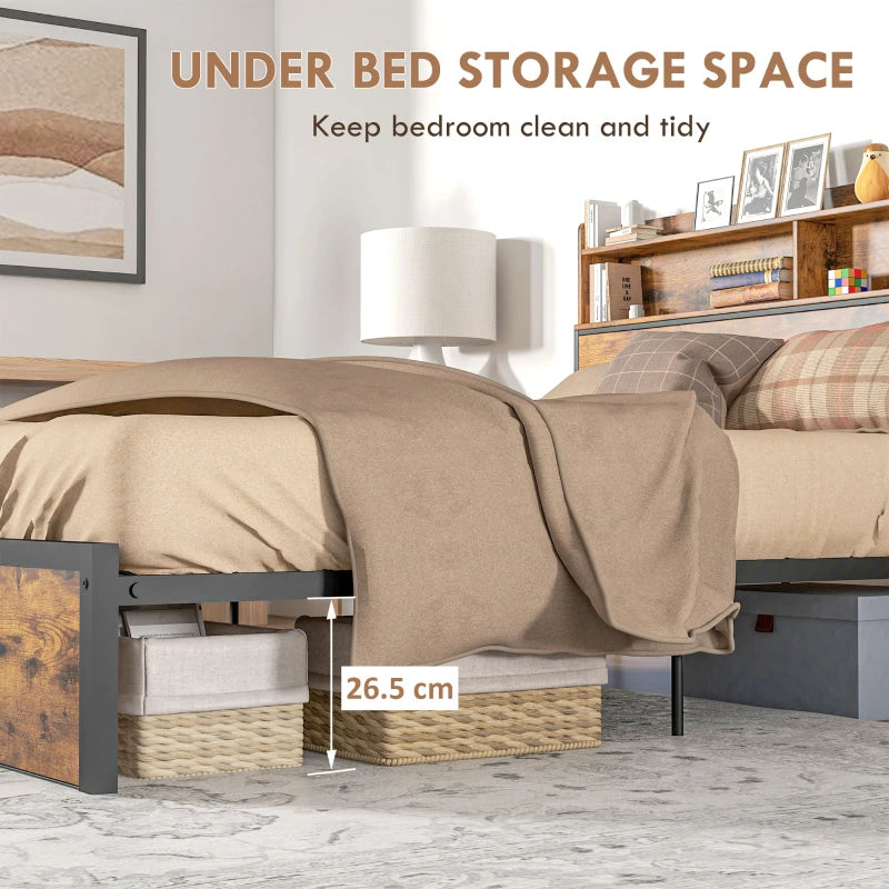 Industrial King Bed Frame with Storage Headboard & Footboard, 5.2FT Steel Base, Slatted Support, Rustic Brown, 158x222cm