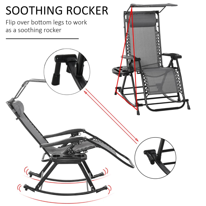 Grey Folding Rocking Sun Lounger Chair with Headrest and Side Holder
