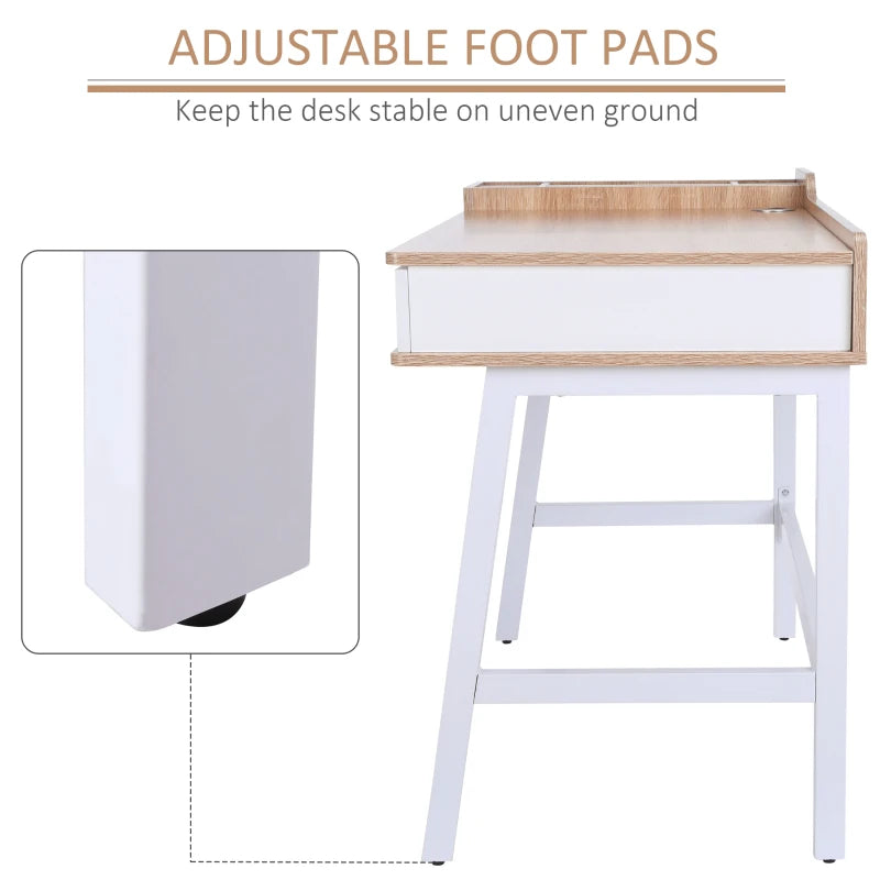 Modern Oak & White Computer Desk with Drawer, Storage, Cable Management - Stylish Writing & Study Workstation, 100x55x81.5cm