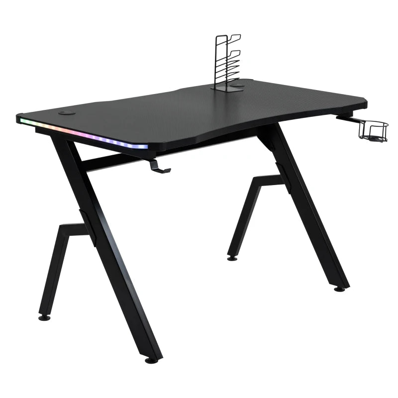 RGB Gaming Desk 120x66cm - Carbon Fibre Surface, Headphone Hook, Cup Holder & Controller Rack - Black Home Office Table