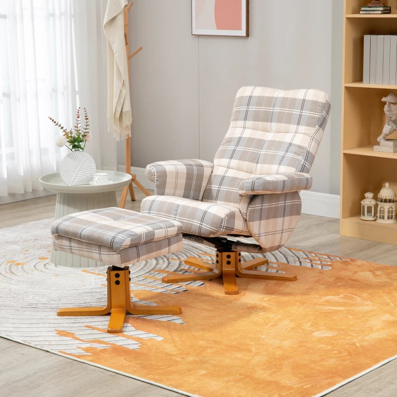 Linen Swivel Recliner Chair with Footstool and Storage, Wooden Base for Living Room, Multicolour