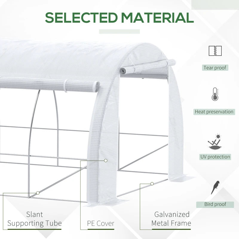 6x3m Greenhouse with Roll-up Side Walls, Steel Frame, Zipped Door - White