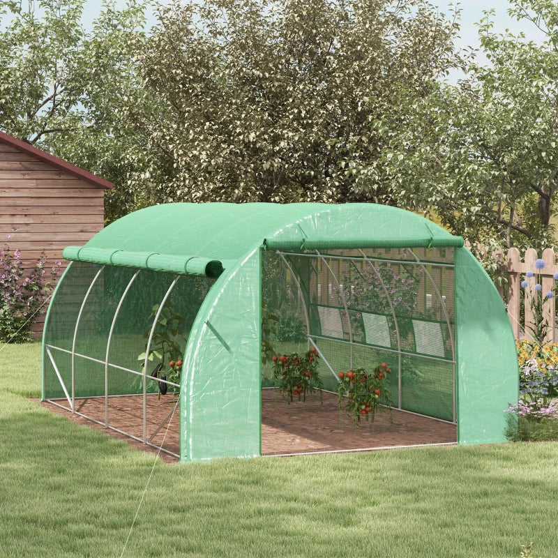 Green Walk-in Polytunnel Greenhouse with Roll-up Sidewalls, Zipped Door, 8 Windows - 4x3x2m