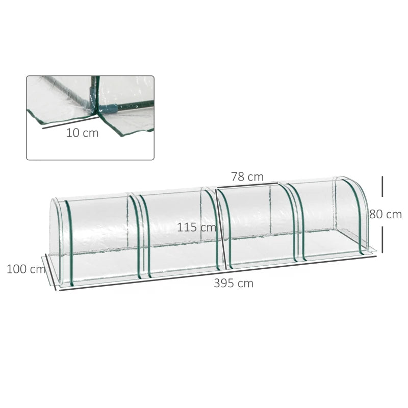 Clear Small Greenhouse with Zipped Doors, Steel Frame - 395 x 100 x 80cm