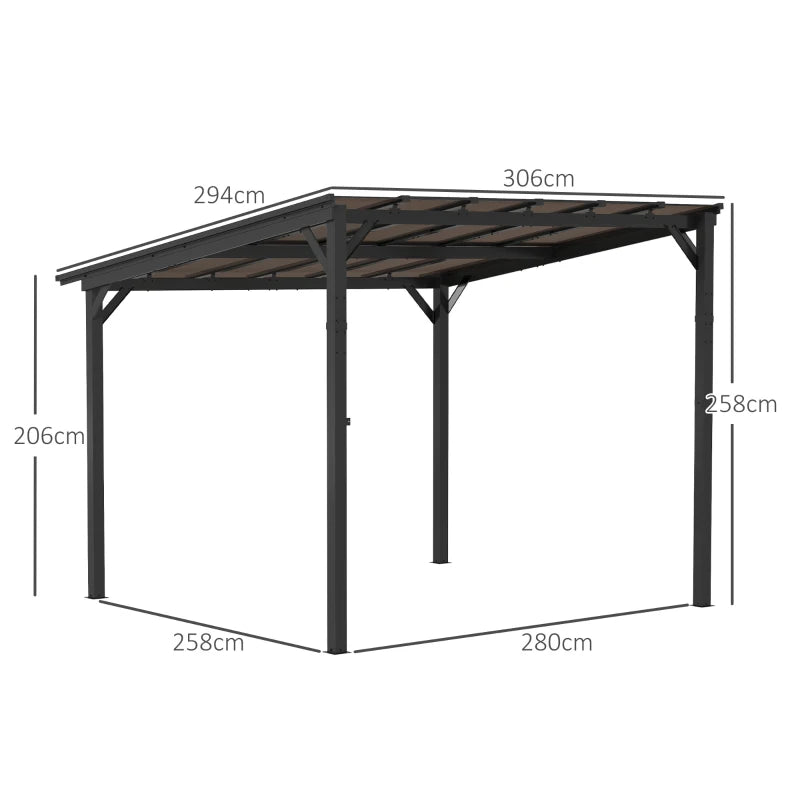 3x3m Dark Grey Metal Pergola with UPF 50+ Waterproof Polycarbonate Roof - Wall-Mounted or Free Standing Garden Gazebo, Wind-Resistant Outdoor Sun Shade