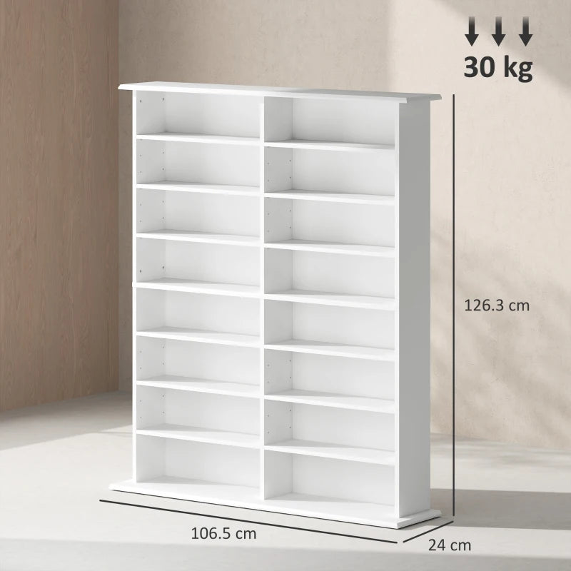 16-Compartment White Media Shelf - Stylish Storage Solution for DVDs, Games, and Books - Organize Your Space