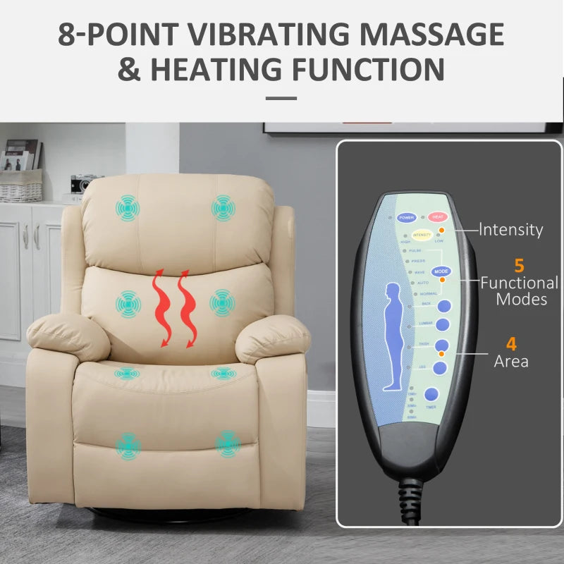 Beige PU Leather Reclining Chair with 8 Massage Points, Heat Function, Swivel Base and Footrest