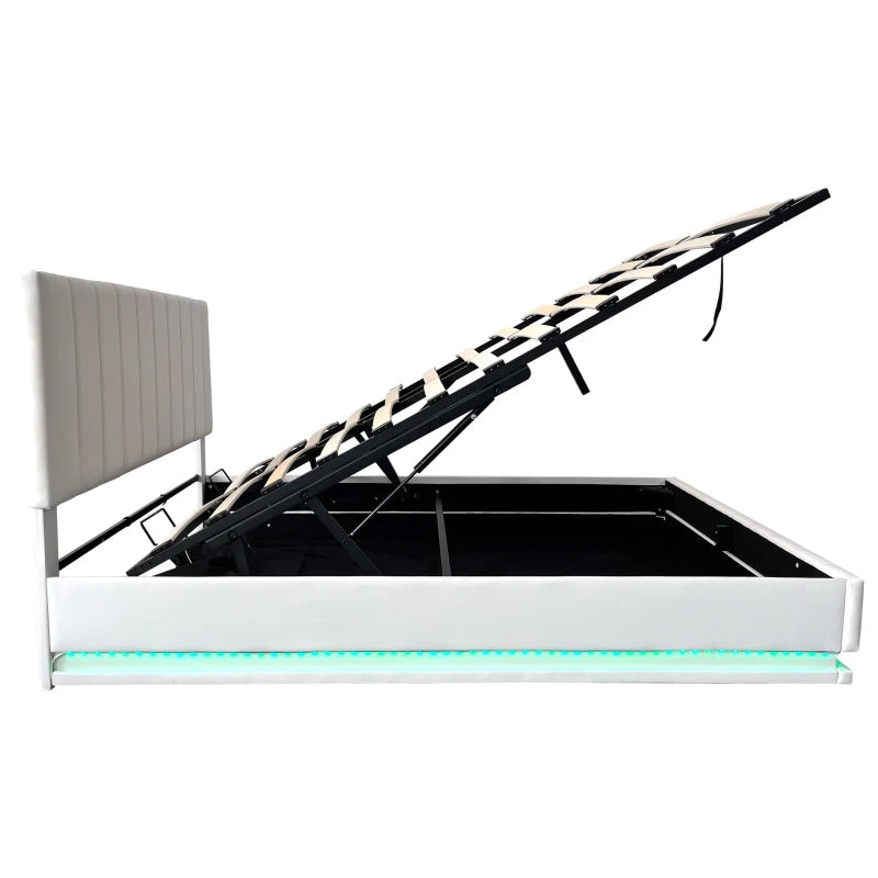 5ft Upholstered King Bed with Hydraulic Storage & RGB LED Lighting - Adjustable Headboard, Cream White, 203L x 157W x 111H cm
