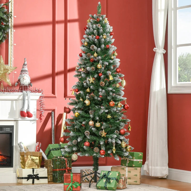 6 Ft Snowy Artificial Christmas Tree with Realistic Branches & Pine Cones - Indoor Holiday Decoration in Green & White