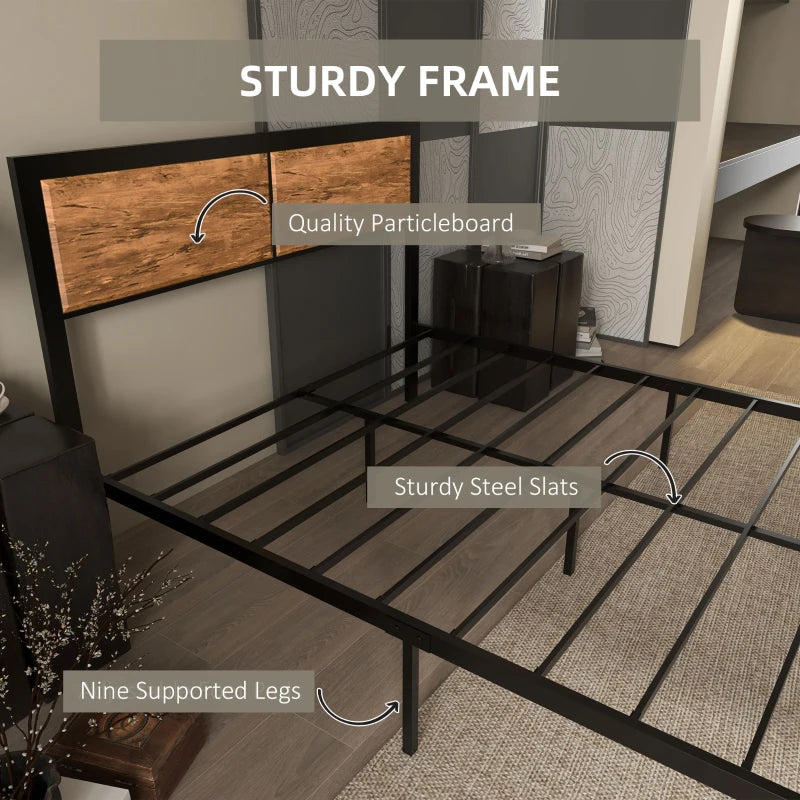 Industrial Double Bed Frame 5FT Steel Base with Headboard & Footboard, Slatted Support, Under Bed Storage, Rustic Brown 142x195cm