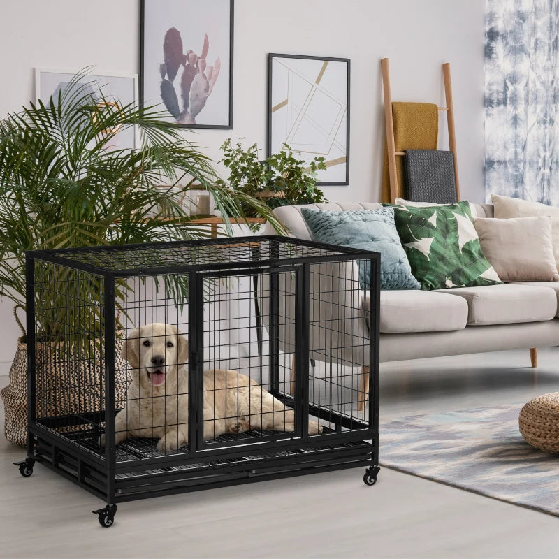 43" Heavy Duty Metal Dog Crate with Tray & Wheels - Large Black Pet Kennel for Dogs