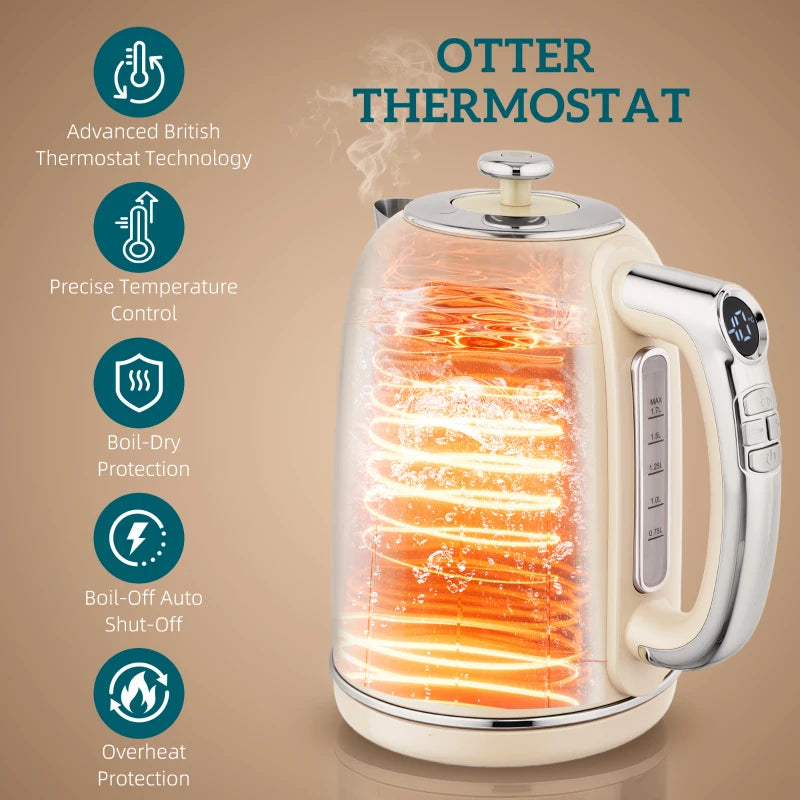 Polished Retro Cream Kettle and Toaster Set - Stylish 40-100°C Temperature Control for Modern Kitchens