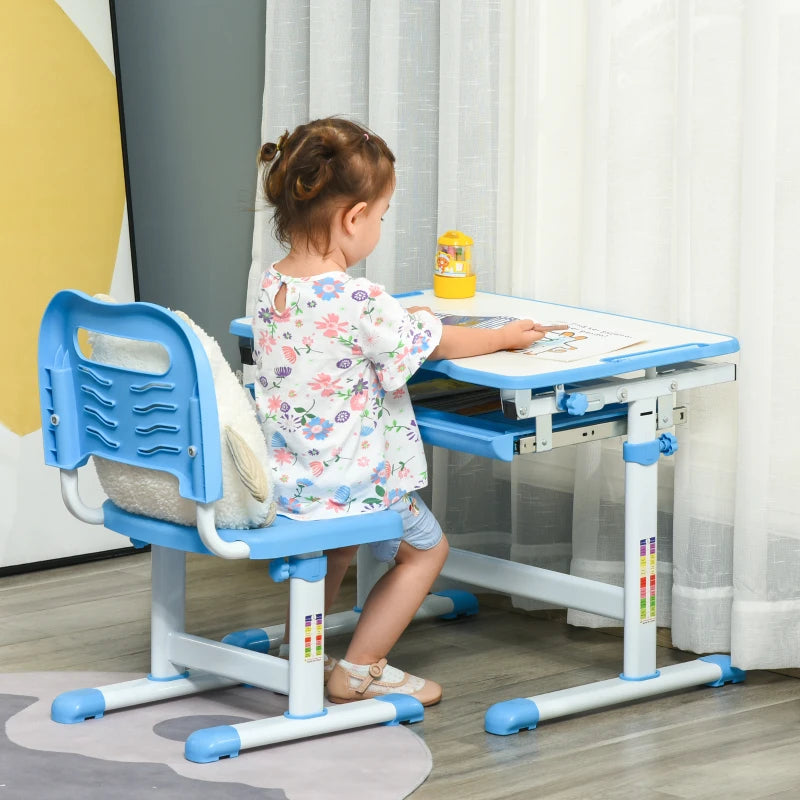 Kids Height Adjustable Desk and Chair Set - Blue, Tiltable Study Table with Drawer, Pen Slot & Hook for Students