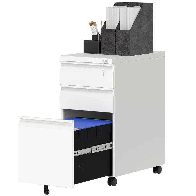 Vinsetto 3-Drawer Lockable Steel Filing Cabinet on Wheels - Modern White Office Storage Solution