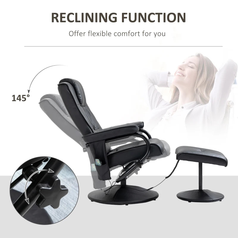 Faux Leather Swivel Recliner Chair with Footstool, Remote Control Massage Armchair, Stylish Black Design