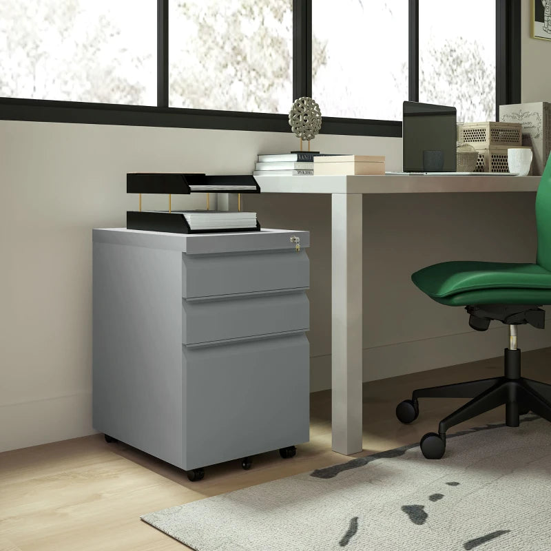 Vinsetto Mobile Metal File Cabinet - 3 Drawer Anti-Tilt Design for Letter, A4, Legal Size - Grey Office Storage