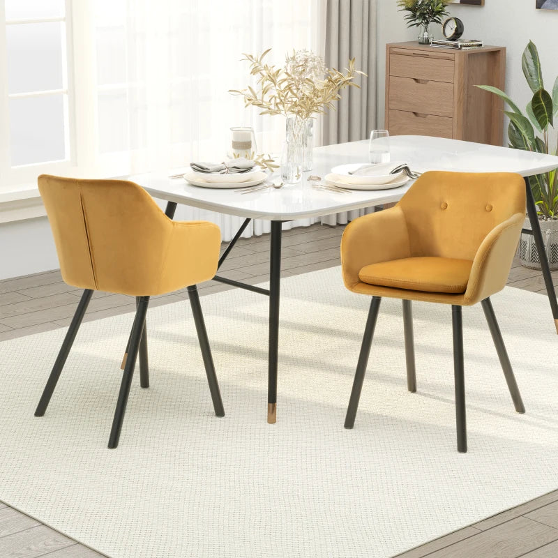 Modern Velvet-Touch Dining Chairs Set of 2 - Upholstered Leisure Chairs with Backrest & Armrests for Home Office & Kitchen - Yellow