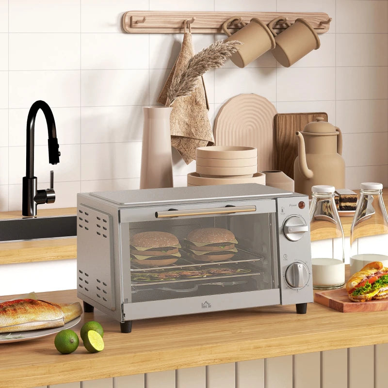 Compact 9L Mini Oven & Electric Grill - Adjustable Temp, Timer, Dishwasher Safe Tray, 750W, Silver Countertop Toaster Oven