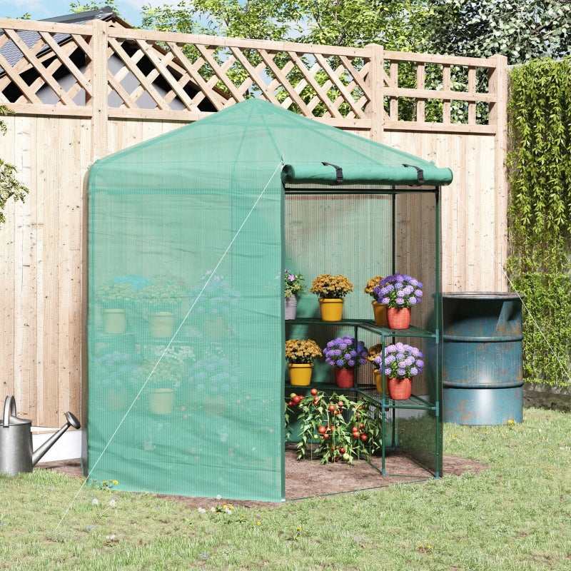 Hexagon Outdoor Greenhouse with Shelves, Waterproof Cover, Green