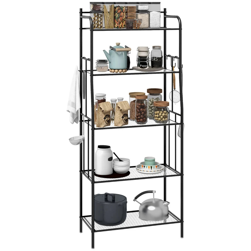 Five-Tier Black Steel Frame Kitchen Shelving Unit - Durable Storage Rack for Organizing Kitchen, Pantry, or Garage