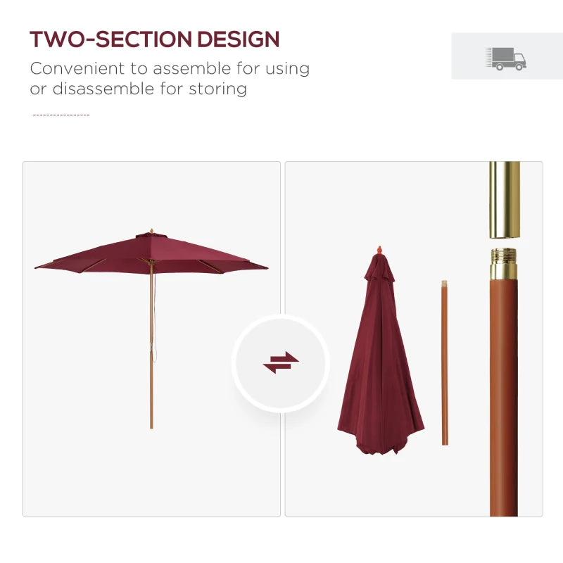 Wine Red 3m Wooden Patio Umbrella with Pulley Mechanism