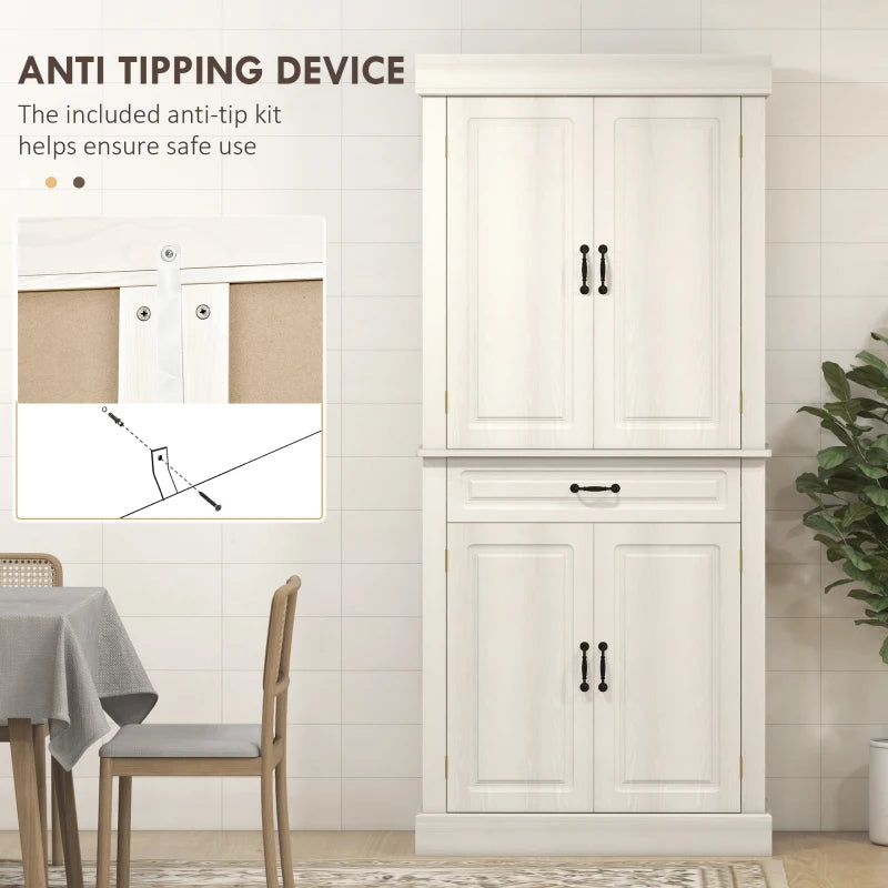 Stylish 180cm White Wood Grain Kitchen Cupboard - 4 Door Freestanding Storage Cabinet with Wide Drawer & Shelves for Living Room