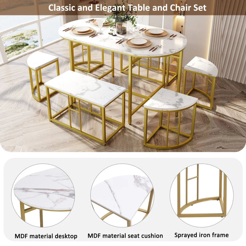 Modern Luxury Rattan 6-Seater Dining Table Set with Cushioned Chairs & Gold-Plated Iron Frames - Elegant Home Furniture
