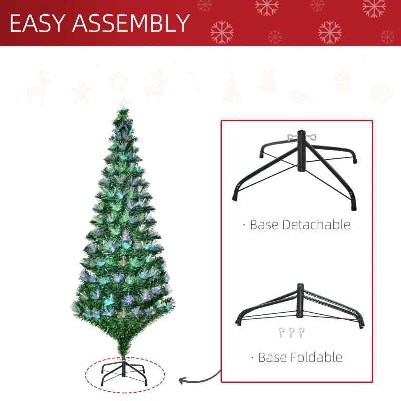 6FT Multicoloured Pre-Lit Artificial Christmas Tree with Fibre Optic Lights, Metal Stand & Star Holder - Festive Home Decoration